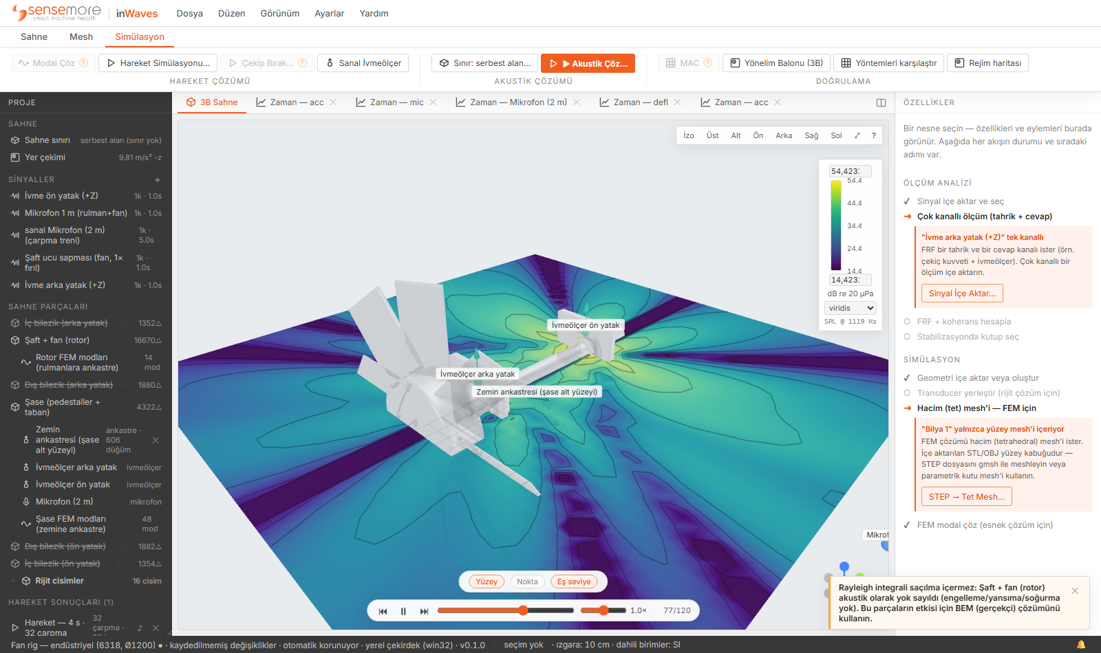 inWaves desktop application: a 3D scene with a computed sound pressure field, project tree on the left, guided solver steps on the right