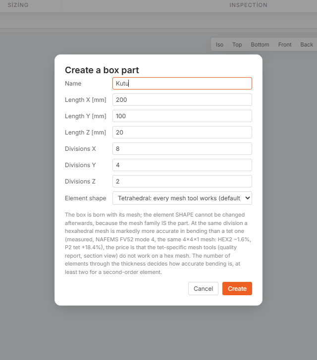 The Create Box Part dialog: a focused name field at the top, three length fields and three division fields under it, and an element shape list set to tetrahedral.