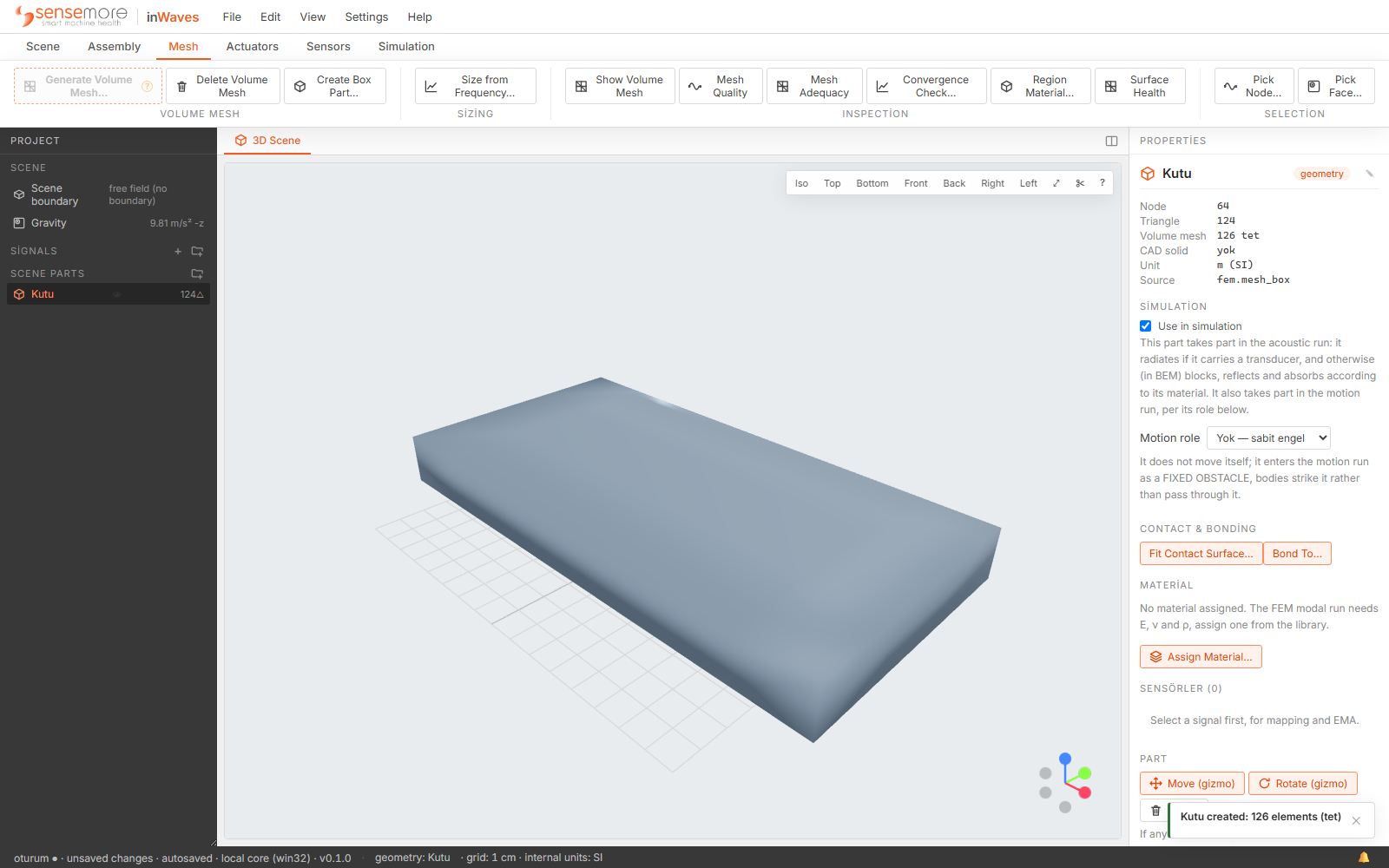 The finished box part shaded in the 3D scene, listed as a row under Scene parts in the tree, with the properties panel giving its node, triangle and volume mesh counts.