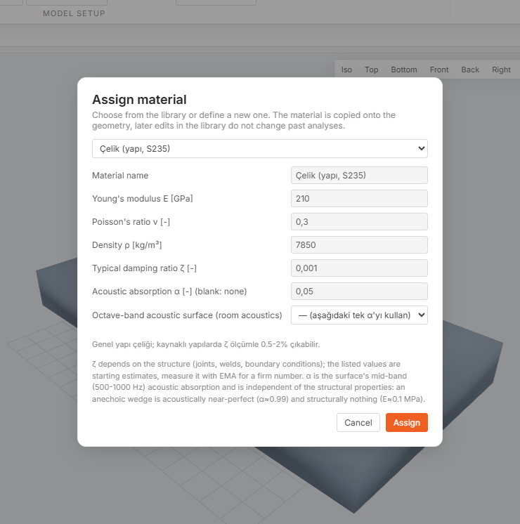 The Assign material dialog with structural steel S235 chosen from the library list at the top, and filled fields for Young's modulus, Poisson's ratio, density, damping ratio, acoustic absorption and an octave-band surface list.