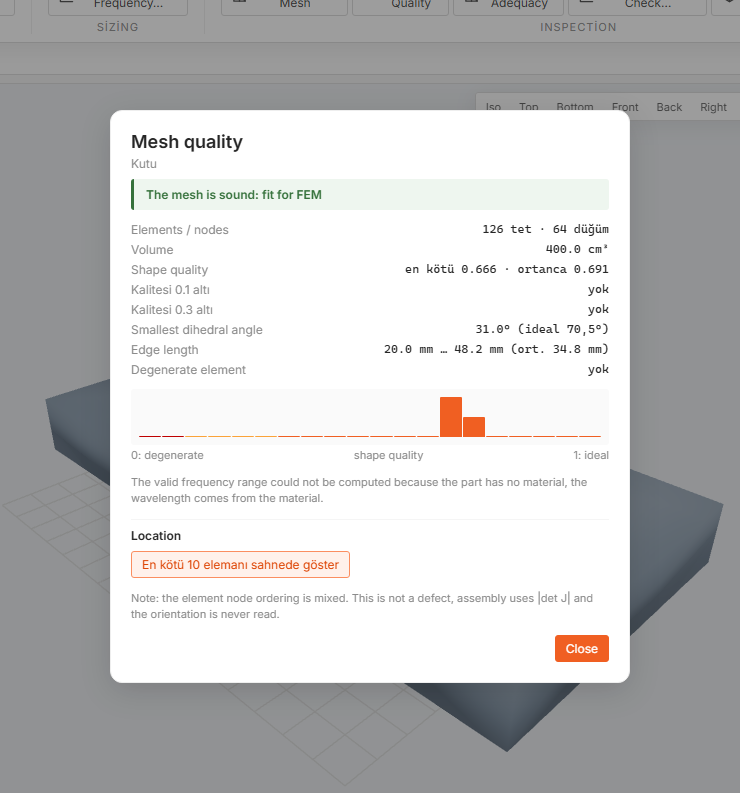 The Mesh quality report: a green verdict saying the mesh is sound and fit for FEM, rows for shape quality, smallest dihedral angle and edge length, and a histogram of shape quality from degenerate to ideal.