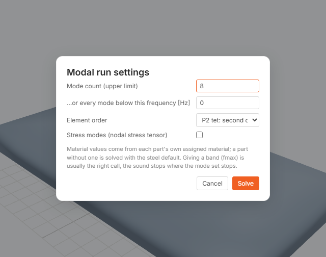 The Modal run settings dialog: a list choosing where the mode set ends, a mode count of 8 below it, an element order list showing second-order P2 tetrahedra as the default, and an unticked stress modes checkbox.