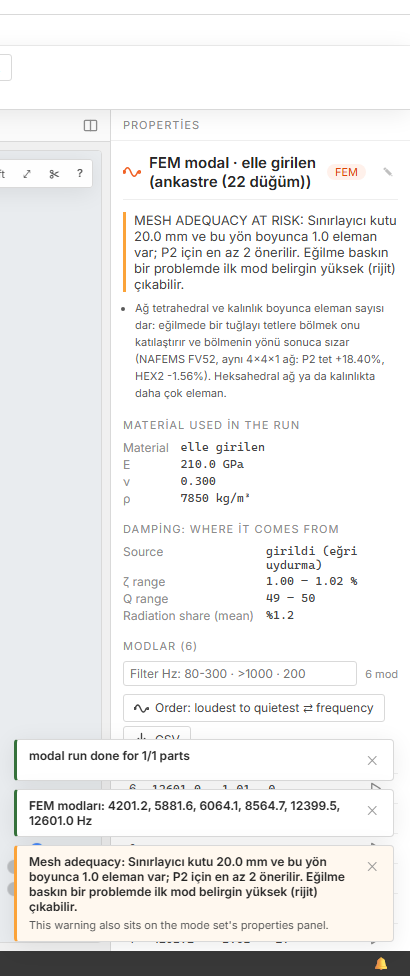 The properties panel of a solved mode set: an orange mesh-adequacy warning at the top, then the material used in the run, the damping source with its ζ and Q ranges, and the mode list with its frequency filter.