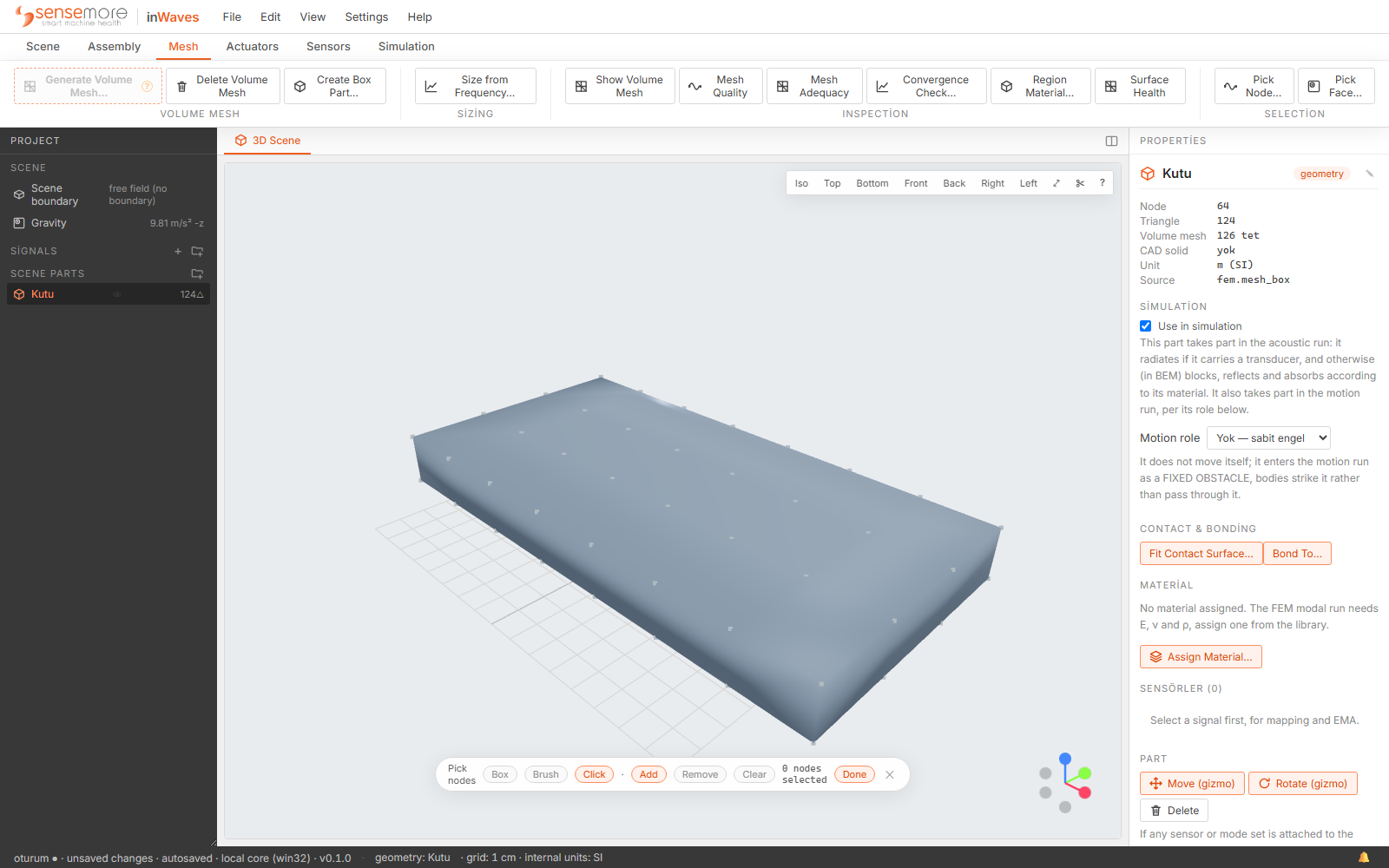 The 3D scene with a meshed plate: camera preset buttons at the top right, the clickable axis triad at the bottom right, and a Pick nodes pill along the bottom edge offering Box, Brush and Click tools with a count reading zero nodes selected.