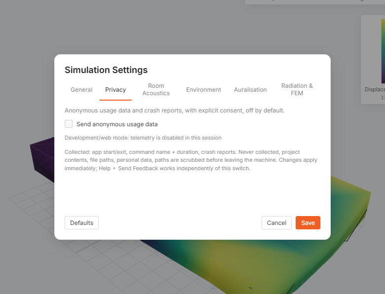 The Privacy tab of Simulation Settings: an unticked Send anonymous usage data checkbox, a grey line under it reporting that telemetry is disabled in this session, and a paragraph listing what is and is not collected.