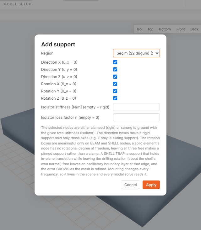 The Add Support dialog: a Region list showing the saved selection with its node count, six ticked direction and rotation checkboxes, and two empty isolator fields for stiffness and loss factor.