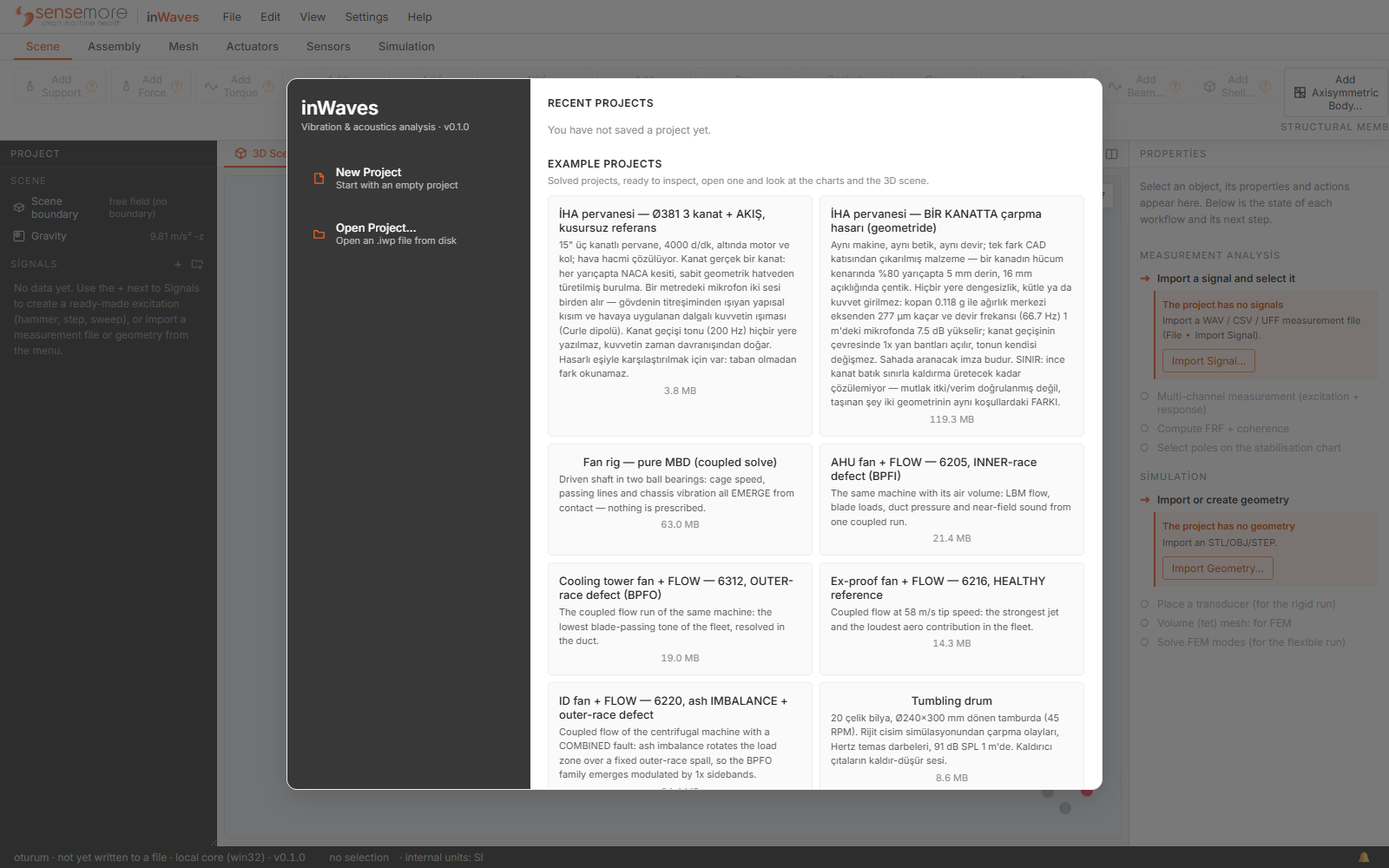 The welcome window over the empty application: New Project and Open Project on the dark left panel, an empty recent projects list, and a grid of ready-solved example project cards on the right.