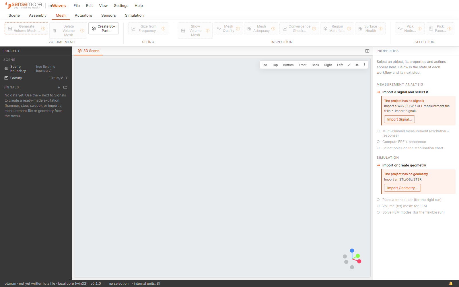 The whole application window with the Mesh ribbon tab open: menu bar at the top, ribbon under it, project tree on the left, an empty 3D scene in the middle, properties panel on the right, status bar along the bottom.