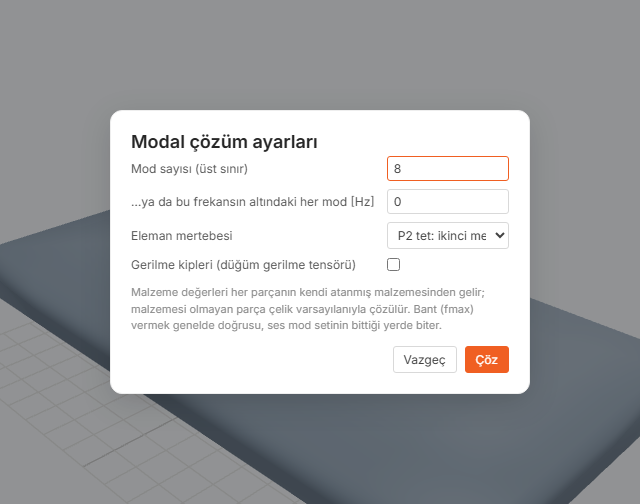 Modal çözüm ayarları diyaloğu: mod setinin nerede biteceğini soran liste, altında mod sayısı 8, eleman mertebesi listesinde varsayılan ikinci mertebe P2 tet, gerilme kipleri kutusu işaretsiz.
