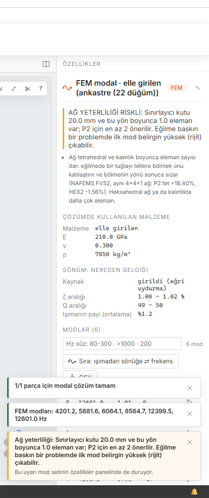 Çözülmüş bir mod setinin özellikler paneli: üstte turuncu ağ yeterliliği uyarısı, altında çözümde kullanılan malzeme, sönümün kaynağı ile ζ ve Q aralıkları, en altta süzme kutusuyla mod listesi.